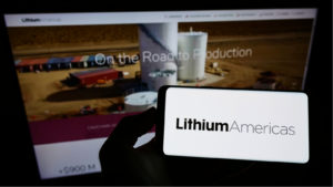 smartphone with logo of Canadian company Lithium Americas Corp on screen. Renewable Energy Stocks
