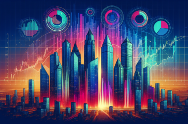 digital illustration of the Magnificent Seven Big Tech companies as futuristic, towering skyscrapers against a sunset skyline, with financial charts and graphs projected into the sky, symbolizing thei