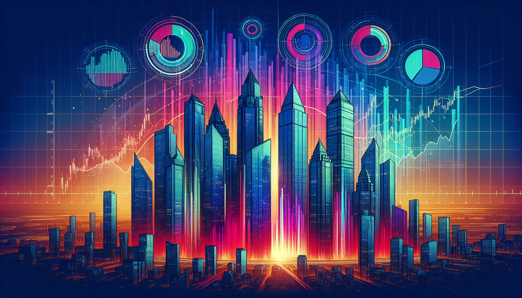 digital illustration of the Magnificent Seven Big Tech companies as futuristic, towering skyscrapers against a sunset skyline, with financial charts and graphs projected into the sky, symbolizing thei