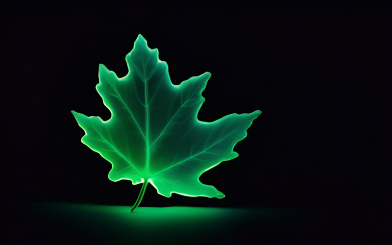 A single maple leaf made of uranium, glowing green against a dark background