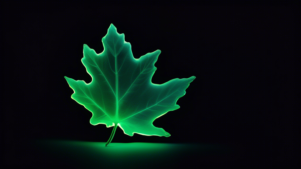 A single maple leaf made of uranium, glowing green against a dark background