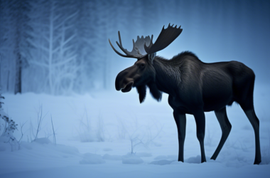 A lone moose with glowing antlers, standing in front of a uranium mine in the snowy wilderness of Canada.