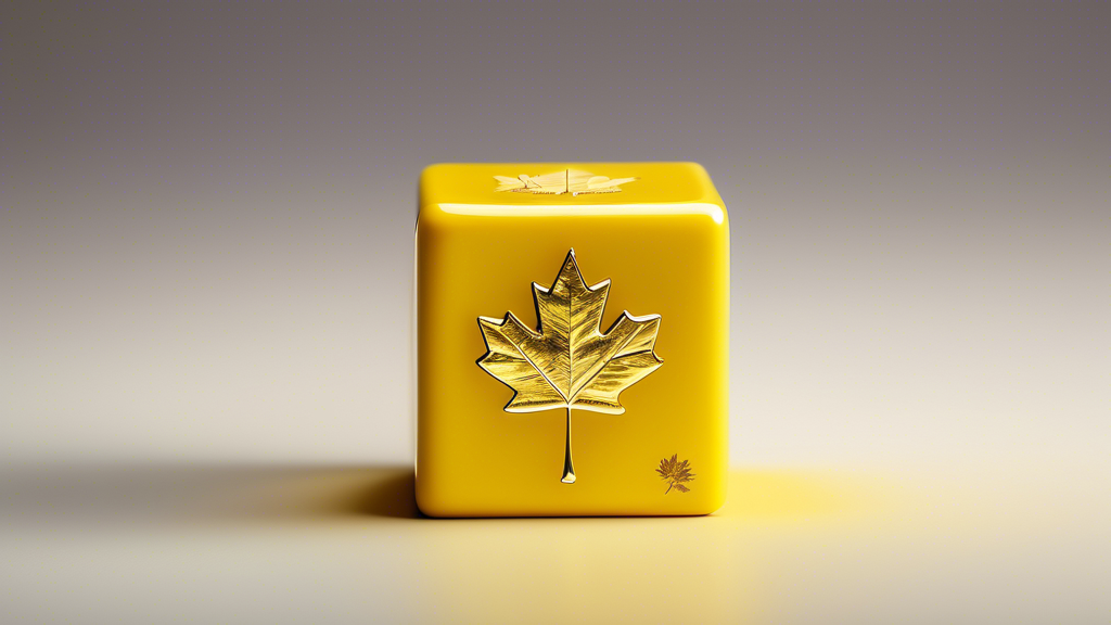 A gleaming yellow cube of uranium with the Canadian maple leaf engraved on its side.