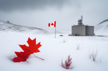 A solitary uranium mine in a snowy Canadian landscape with a red maple leaf flag flying nearby.