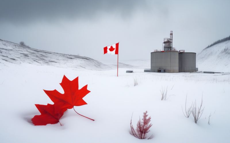 A solitary uranium mine in a snowy Canadian landscape with a red maple leaf flag flying nearby.