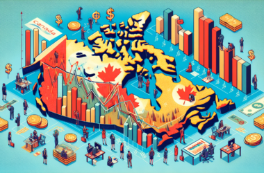 A detailed infographic depicting a map of Canada highlighting regions rich in uranium deposits with symbolic stock market graphs rising above the landscape, surrounded by icons of Canadian currency an