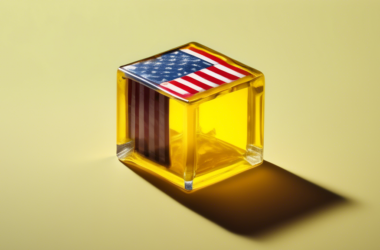 A glowing yellow uranium cube with the American flag reflected on its surface.