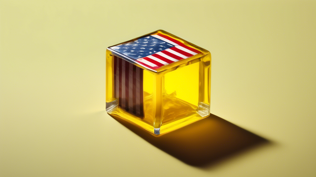 A glowing yellow uranium cube with the American flag reflected on its surface.