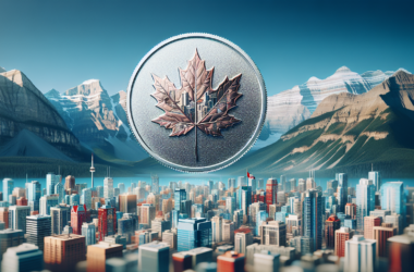 A shiny nickel coin with a maple leaf embossed on it, hovering above a cityscape against a backdrop of the Canadian Rockies.