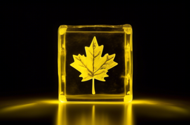 A glistening, yellow uranium cube with the Canadian maple leaf engraved on its face, glowing against a dark background.