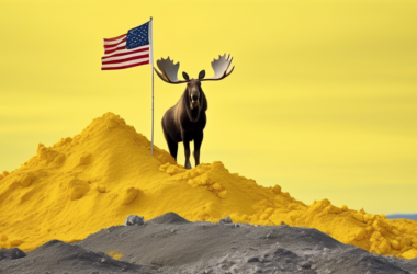 A lone moose wearing a hard hat, safety vest, and work boots, stands proudly atop a giant mound of yellowcake uranium, holding a Canadian flag in its antlers, set against the backdrop of a sprawling u