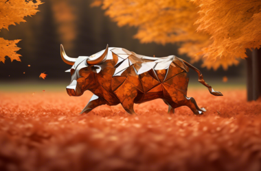 A stylized bull, made of uranium ore, charges through a field of maple leaves.