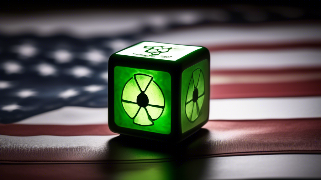 A gleaming uranium cube with the engraved symbol for radioactivity, casting a green glow on an American flag.