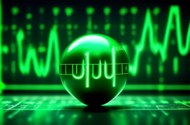 A single uranium atom model with a stock ticker chart as the background and glowing green.