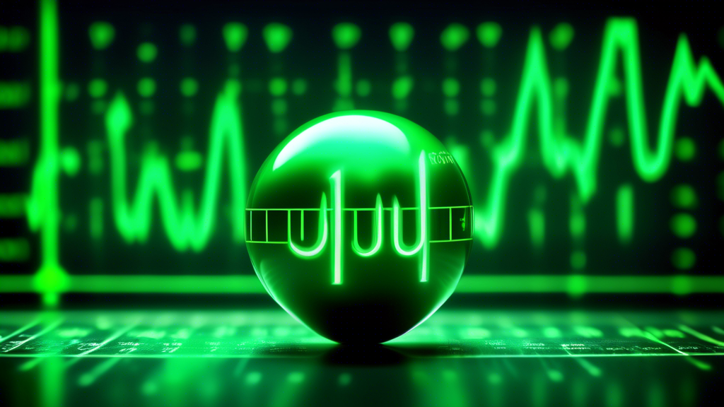 A single uranium atom model with a stock ticker chart as the background and glowing green.
