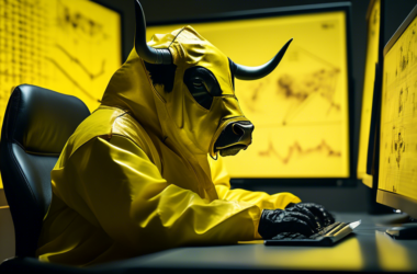 A bull wearing a yellow hazmat suit and sitting at a computer, looking at graphs with uranium symbols