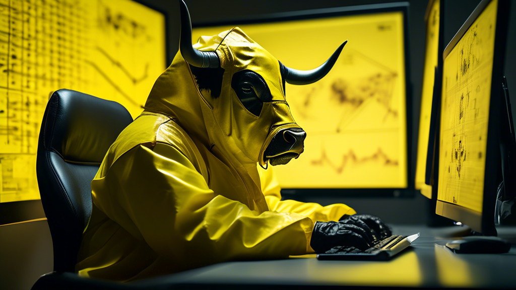 A bull wearing a yellow hazmat suit and sitting at a computer, looking at graphs with uranium symbols