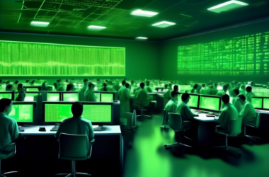A stock market trading floor with a large, glowing green uranium symbol prominently displayed on a digital stock ticker screen. Traders are gathered around the screen, some looking excited, others app