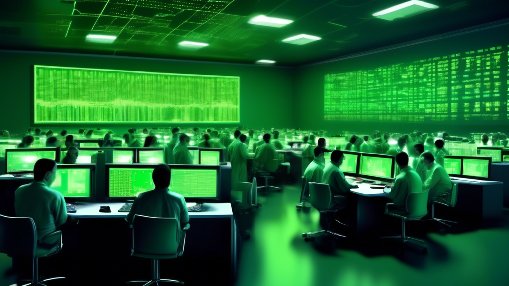 A stock market trading floor with a large, glowing green uranium symbol prominently displayed on a digital stock ticker screen. Traders are gathered around the screen, some looking excited, others app