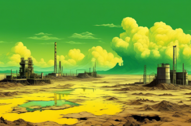 A DALL-E prompt for an image relating to The Environmental Costs of Uranium Mining:nnA barren, desolate landscape with abandoned uranium mine pits and piles of radioactive tailings, contrasted against