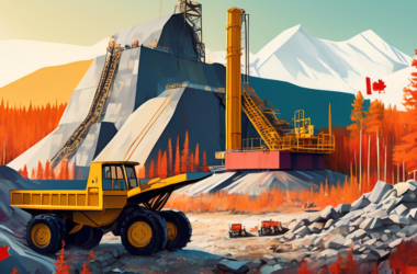 DALL-E Prompt: A digital illustration showcasing a uranium mine in the vast Canadian wilderness, with mining equipment and workers in the foreground, and regulatory documents, safety symbols, and the