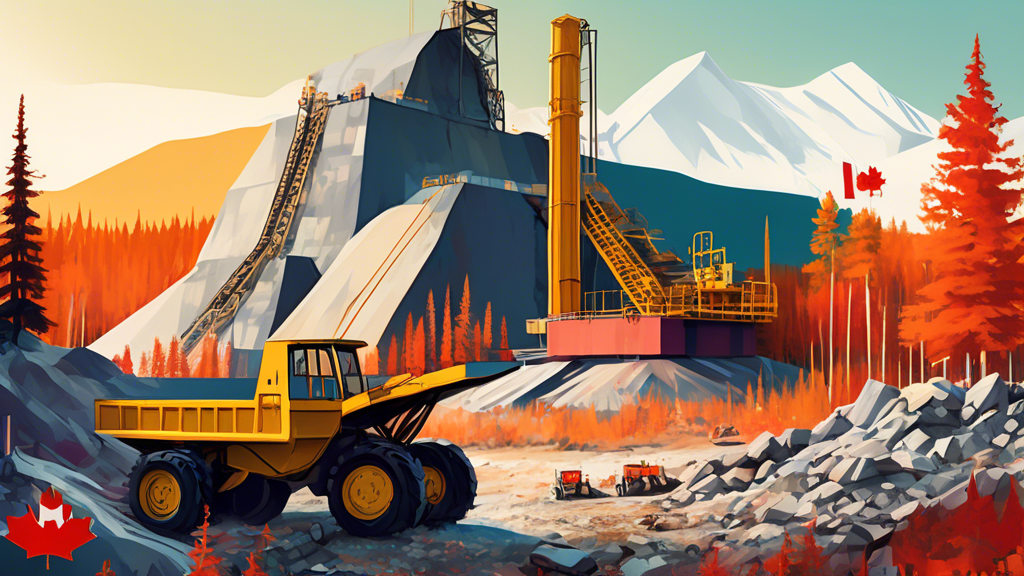 DALL-E Prompt: A digital illustration showcasing a uranium mine in the vast Canadian wilderness, with mining equipment and workers in the foreground, and regulatory documents, safety symbols, and the
