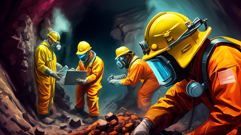 DALL-E Prompt: A group of miners wearing advanced protective gear, including respirators and hazmat suits, carefully extracting uranium ore from a well-lit underground mine shaft, with safety signs an