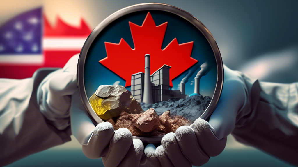 DALL-E Prompt: A close-up of a gloved hand holding a chunk of raw uranium ore, with a blurred background featuring the Canadian flag and a nuclear power plant cooling tower.