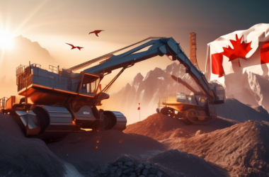 DALL-E prompt: A futuristic mining landscape with towering machinery extracting cobalt ore from the earth, set against a backdrop of the Canadian flag and a rising sun, symbolizing the potential growt