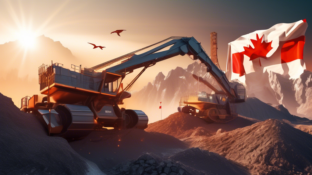 DALL-E prompt: A futuristic mining landscape with towering machinery extracting cobalt ore from the earth, set against a backdrop of the Canadian flag and a rising sun, symbolizing the potential growt