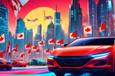 DALL-E Prompt:nA vibrant illustration depicting a bull market chart with lithium batteries and Canadian flags rising upwards, set against a backdrop of a futuristic cityscape and electric vehicles, re