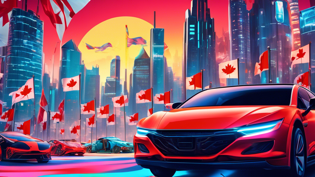 DALL-E Prompt:nA vibrant illustration depicting a bull market chart with lithium batteries and Canadian flags rising upwards, set against a backdrop of a futuristic cityscape and electric vehicles, re
