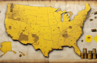 A map of the United States with uranium ore deposits highlighted and miniature yellowcake barrels placed on top of the locations.