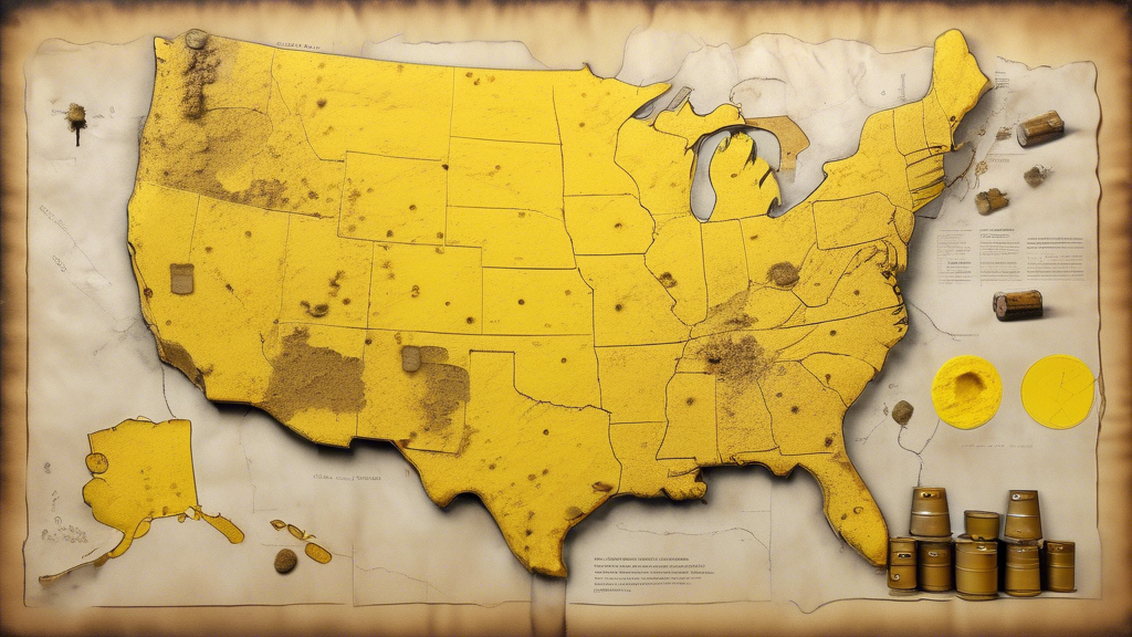 A map of the United States with uranium ore deposits highlighted and miniature yellowcake barrels placed on top of the locations.