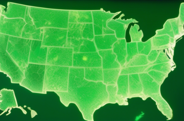 A map of the United States with uranium ore deposits glowing green and nuclear power plants marked
