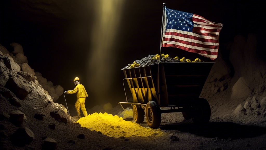 A solitary uranium miner pushing a cart full of glowing yellow rocks out of a dark mine shaft, with the American flag waving in the background