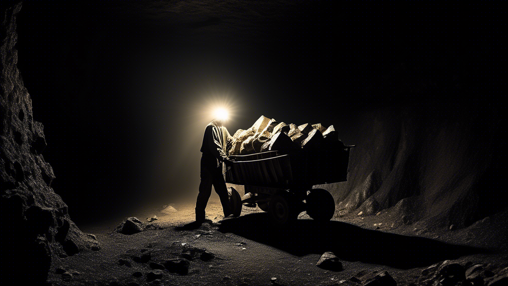 A lone uranium miner pushing a cart full of mined uranium ore out of a dark mine shaft, lit by only his headlamp.