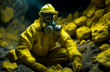 A uranium miner wearing a protective suit and respirator, surrounded by glowing yellow rocks.