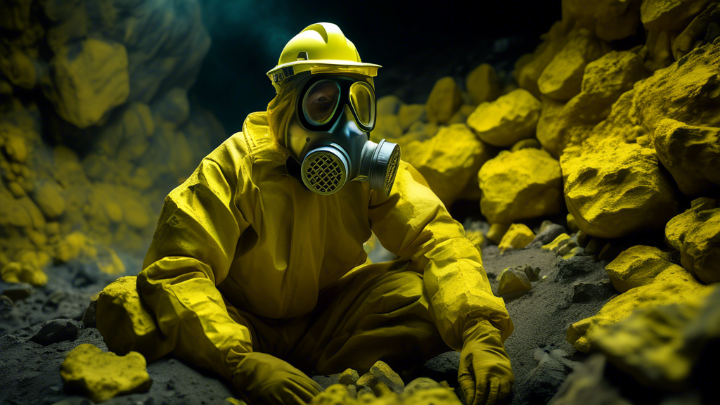 A uranium miner wearing a protective suit and respirator, surrounded by glowing yellow rocks.