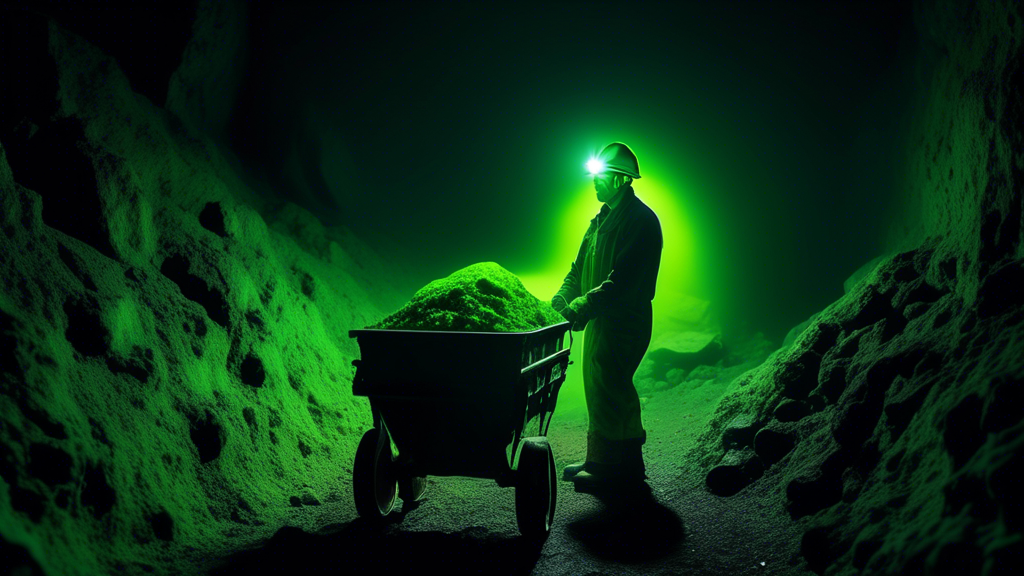 A lone uranium miner with a hard hat and headlamp pushes a cart full of glowing green uranium ore down a dark mine shaft.