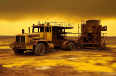 A desolate landscape scarred with open-pit uranium mines, abandoned mining equipment rusting under a sickly yellow sky.