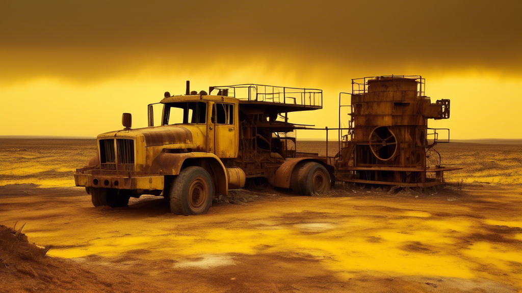 A desolate landscape scarred with open-pit uranium mines, abandoned mining equipment rusting under a sickly yellow sky.