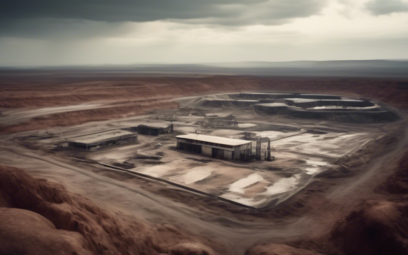 A desolate landscape with a uranium mine, showcasing environmental damage and pollution.
