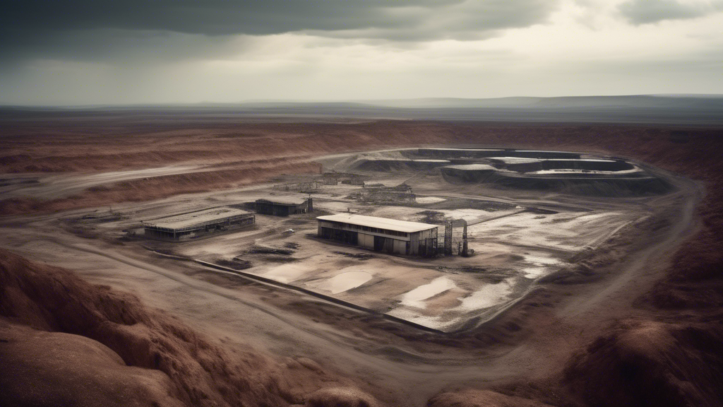 A desolate landscape with a uranium mine, showcasing environmental damage and pollution.