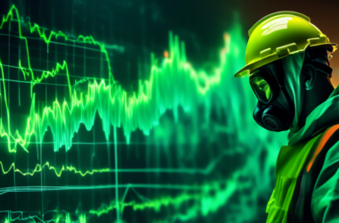 DALL-E Prompt: A digital stock chart with a bright green upward trend line, overlaid on a background image of a uranium mine with workers in protective gear handling glowing radioactive material.