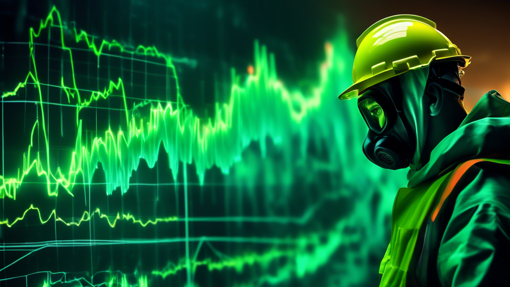 DALL-E Prompt: A digital stock chart with a bright green upward trend line, overlaid on a background image of a uranium mine with workers in protective gear handling glowing radioactive material.