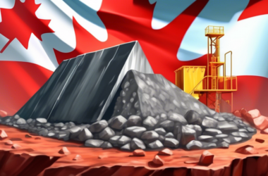 Uranium ore being mined in a Canadian mine, with the Canadian flag waving in the background