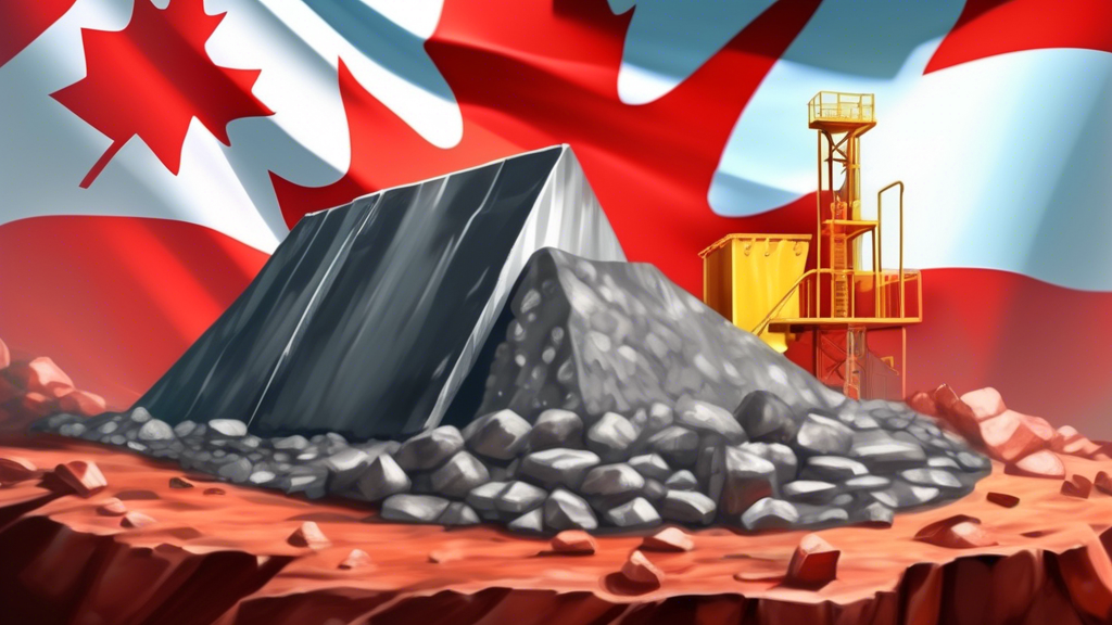 Uranium ore being mined in a Canadian mine, with the Canadian flag waving in the background