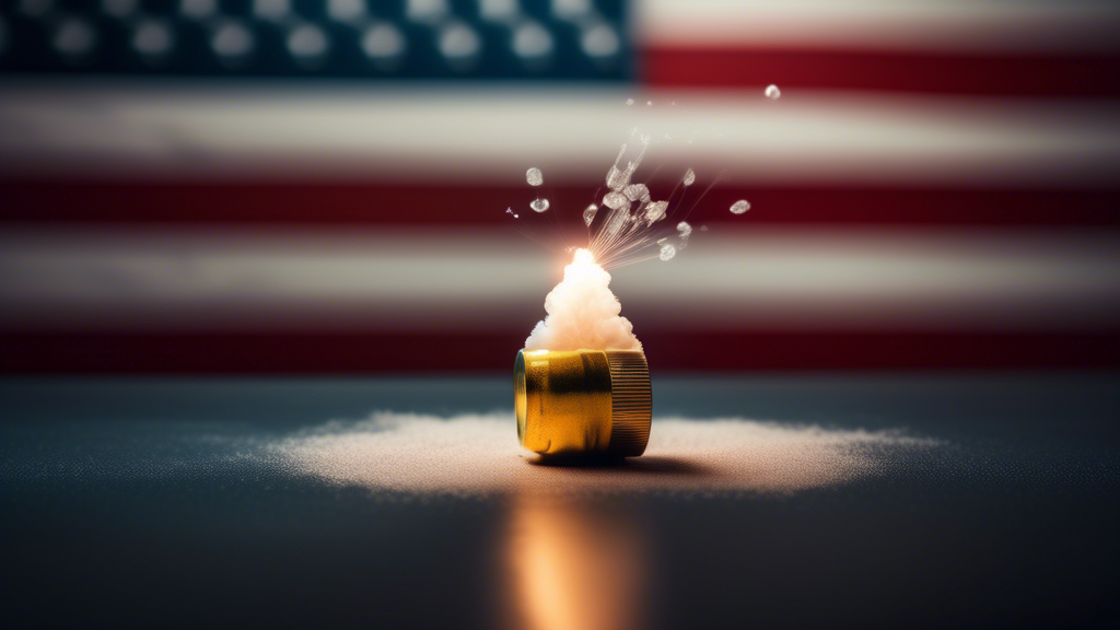 A single atom of uranium splitting into two, releasing a burst of energy and light, set against a backdrop of the American flag.