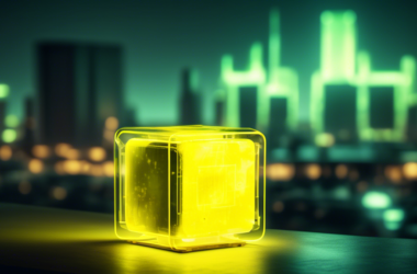 A yellow uranium cube glowing with radioactive energy, powering a futuristic city in the background